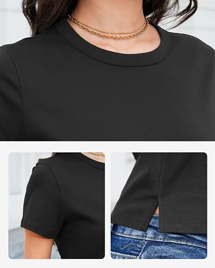 HR Women's Casual Cotton Crop Top, Crewneck Short Sleeve Solid Basic Tee - Image 2